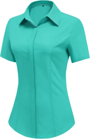 HOTOUCH Women Short Sleeve Button Down Shirts Business Work Fitted Collared Blouse Office Basic 2025 Summer Tops S-2XL