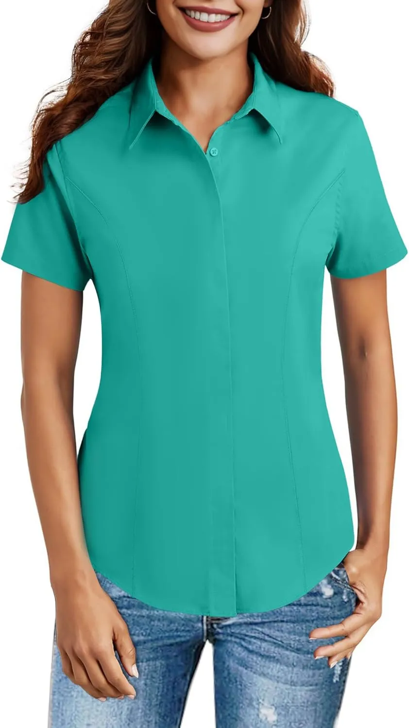 HOTOUCH Women Short Sleeve Button Down Shirts Business Work Fitted Collared Blouse Office Basic 2025 Summer Tops S-2XL