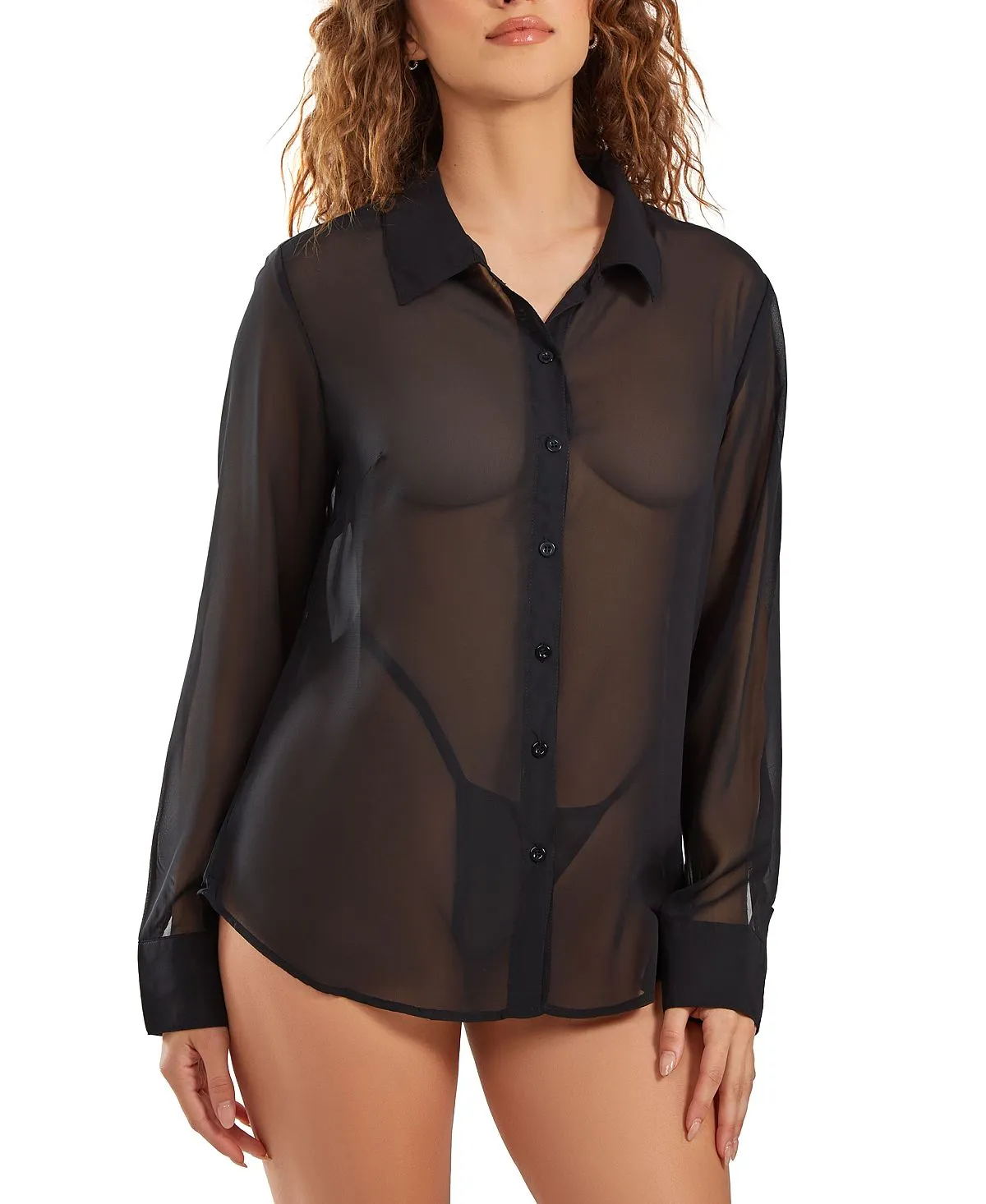 iCollection London Chiffon Boyfriend Button Down Sleep Shirt, Black
