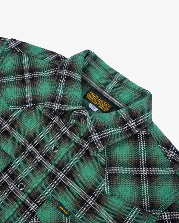 Iron Heart IHSH-405 12oz Ultra Heavy Flannel Check Western Shirt - Green