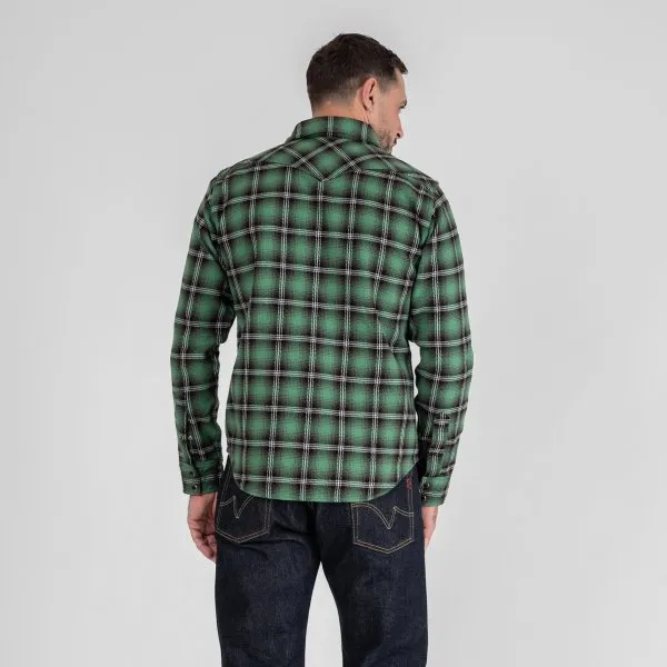 Iron Heart IHSH-405 12oz Ultra Heavy Flannel Check Western Shirt - Green