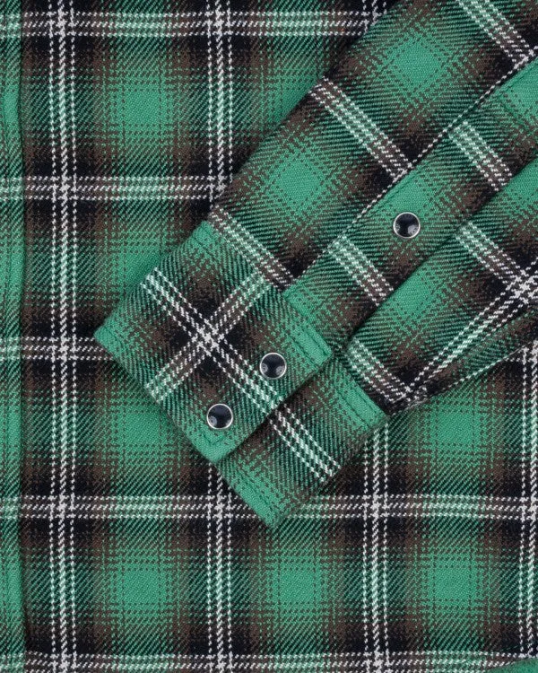 Iron Heart IHSH-405 12oz Ultra Heavy Flannel Check Western Shirt - Green
