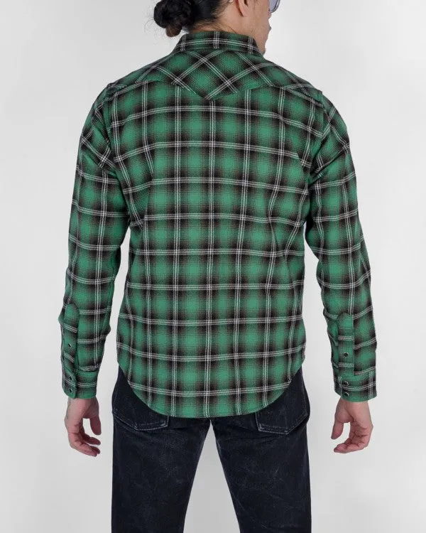 Iron Heart IHSH-405 12oz Ultra Heavy Flannel Check Western Shirt - Green