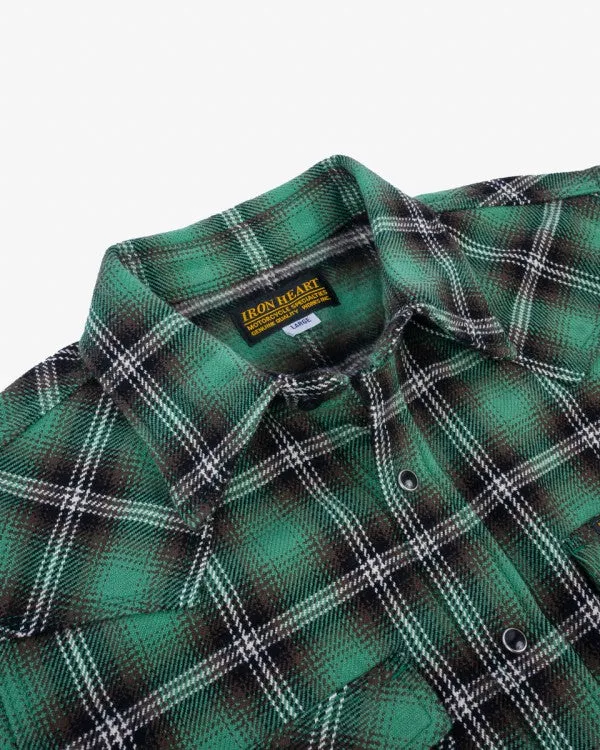Iron Heart IHSH-405 12oz Ultra Heavy Flannel Check Western Shirt - Green