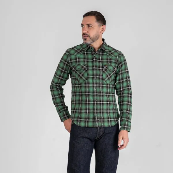 Iron Heart IHSH-405 12oz Ultra Heavy Flannel Check Western Shirt - Green