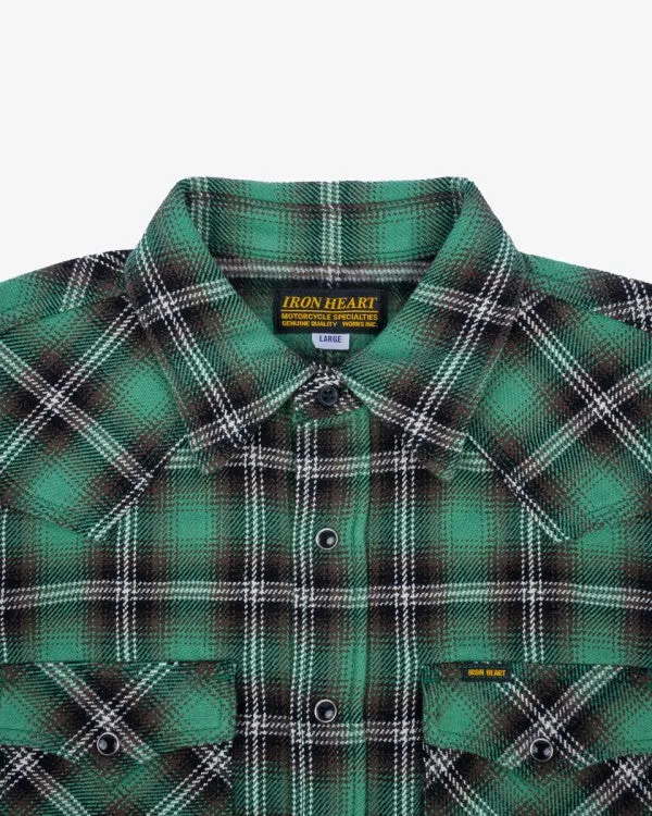 Iron Heart IHSH-405 12oz Ultra Heavy Flannel Check Western Shirt - Green
