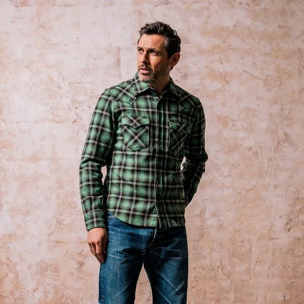 Iron Heart IHSH-405 12oz Ultra Heavy Flannel Check Western Shirt - Green