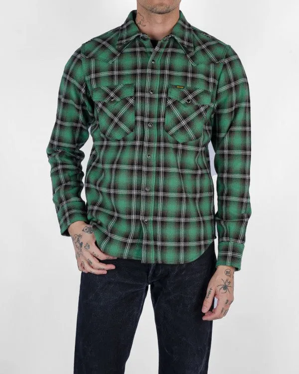 Iron Heart IHSH-405 12oz Ultra Heavy Flannel Check Western Shirt - Green