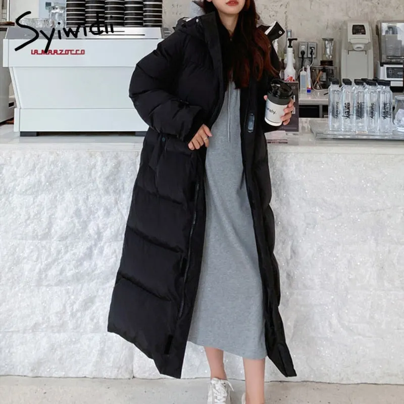 Joskaa Long Jacket Women White Black Winter Jacket with A Hood Thicken Warm Elegnat Outerwear Casual Oversized Loose Parkas