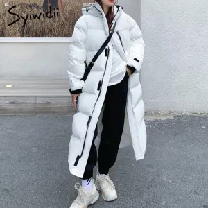 Joskaa Long Jacket Women White Black Winter Jacket with A Hood Thicken Warm Elegnat Outerwear Casual Oversized Loose Parkas