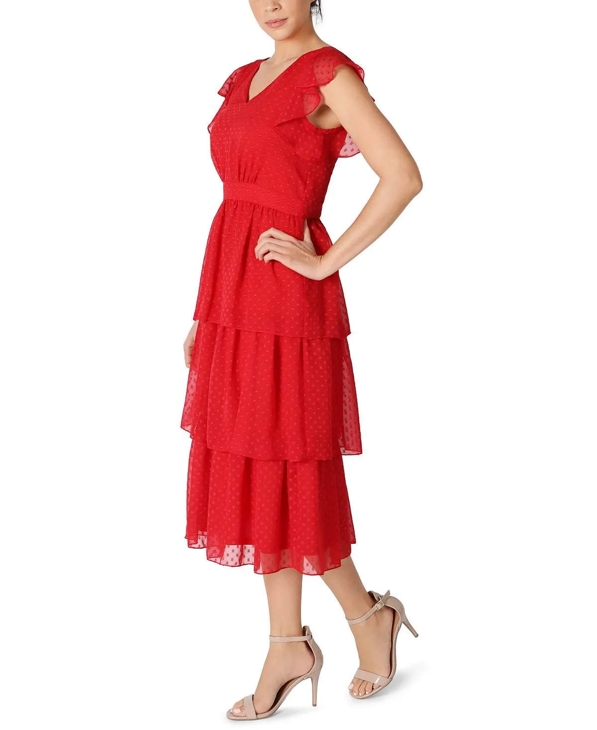 julia jordan flutter sleeve chiffon midi dress, red