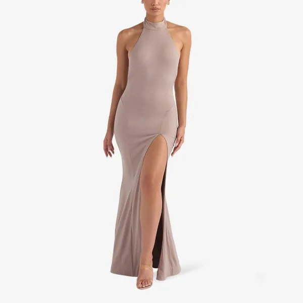 Juliette Stretch Maxi Dress with Crew Neck and Slits House Of Cb mushroom color