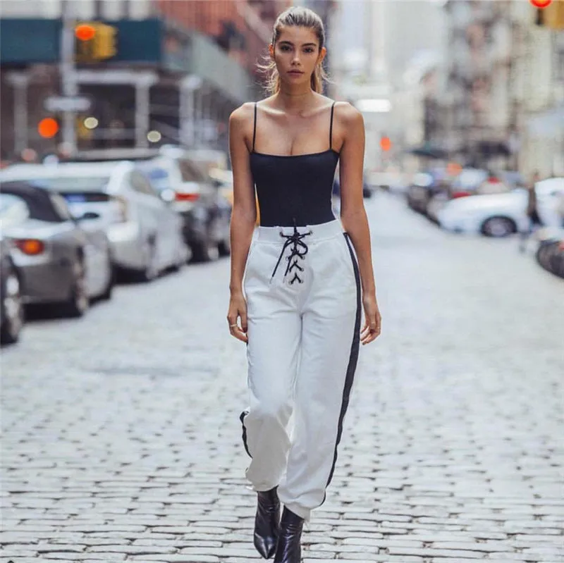 Lace up detail side stripe joggers pants