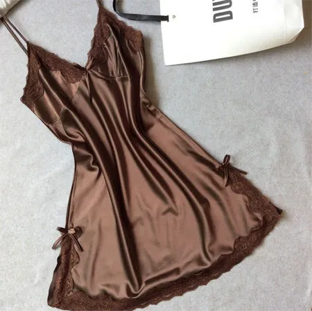 Ladies Sexy Silk Satin Night Dress Sleeveless Nighties V-neck Nightgown Solid Nightdress Lace Night Gown Sleepwear For Women