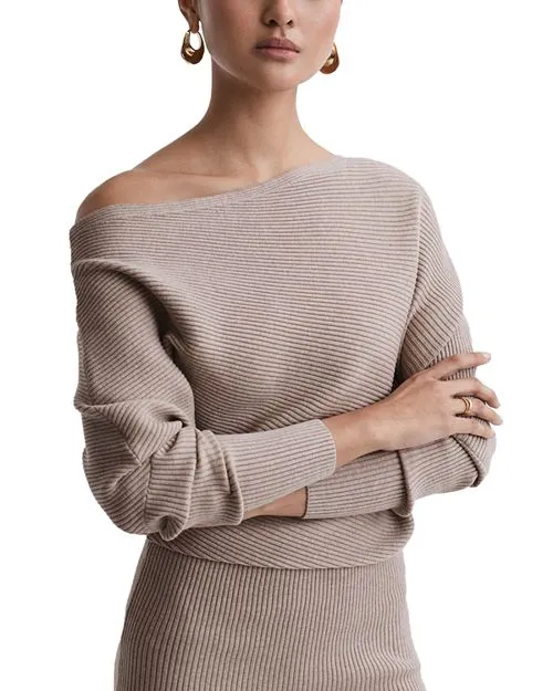 Lara Knitted Bodycon Dress with REISS Draping, Tan/Beige