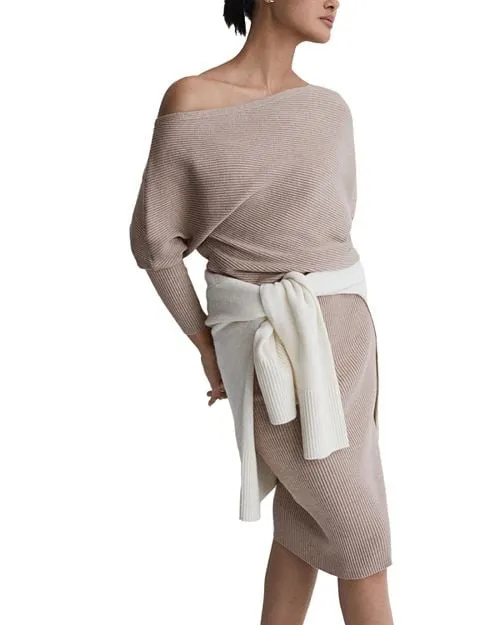 Lara Knitted Bodycon Dress with REISS Draping, Tan/Beige