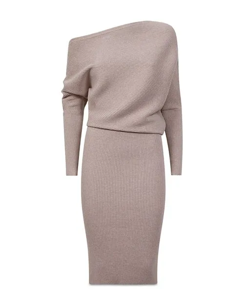 Lara Knitted Bodycon Dress with REISS Draping, Tan/Beige