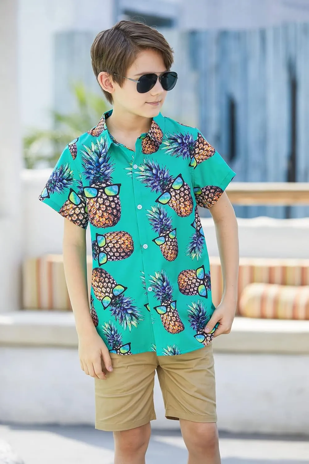 Little & Big Boy's Button Down Hawaiian Shirts Short Sleeve Cool Cartoon Print Dress Tops T-Shirt for Kids 7-14T