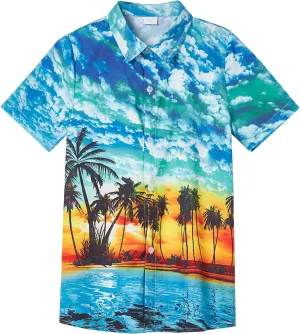 Little & Big Boy's Button Down Hawaiian Shirts Short Sleeve Cool Cartoon Print Dress Tops T-Shirt for Kids 7-14T