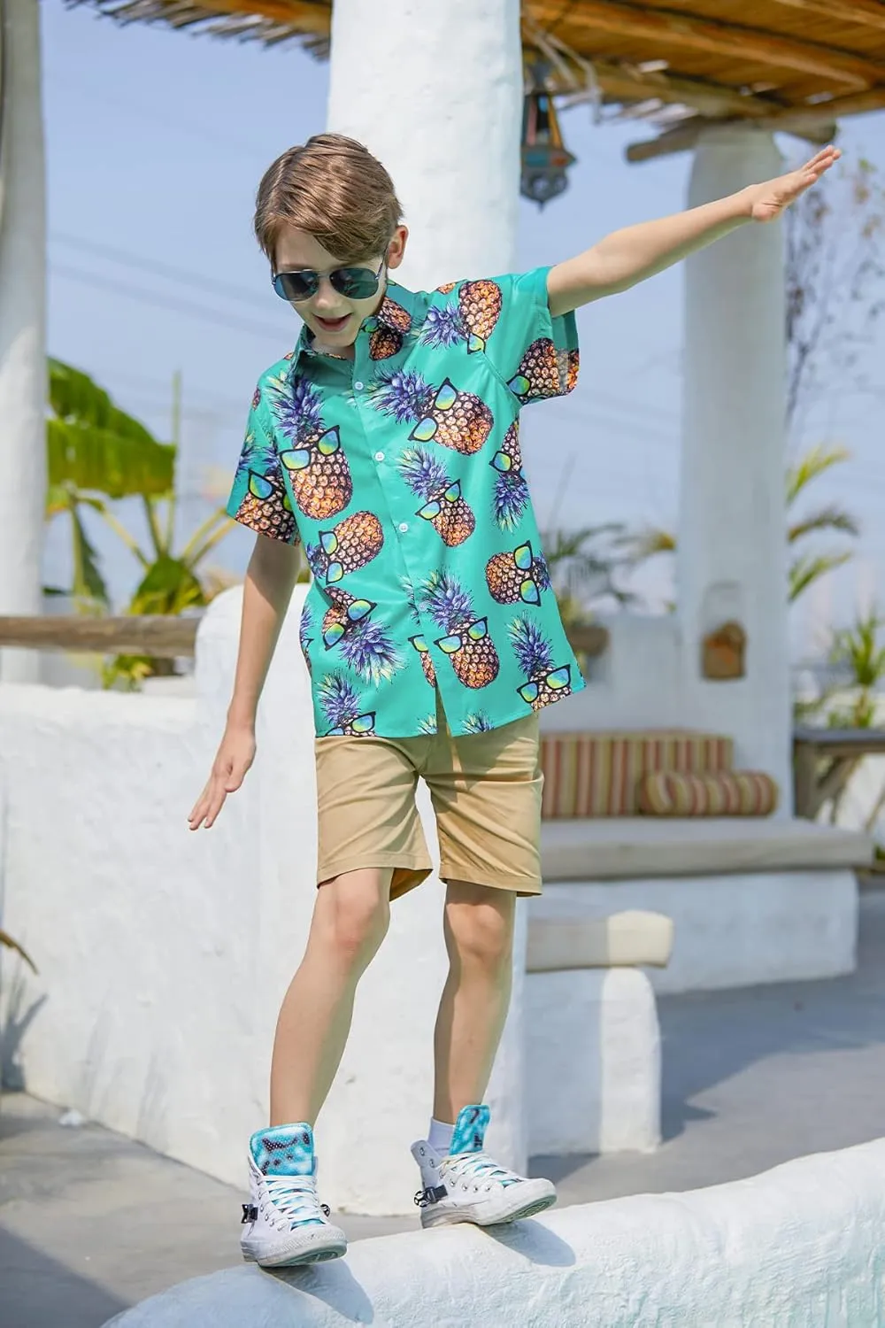 Little & Big Boy's Button Down Hawaiian Shirts Short Sleeve Cool Cartoon Print Dress Tops T-Shirt for Kids 7-14T