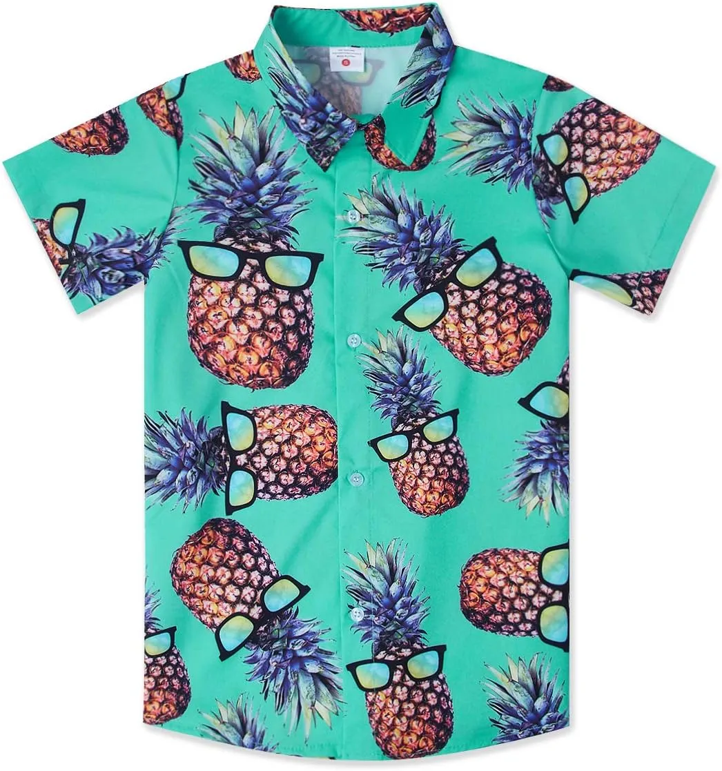 Little & Big Boy's Button Down Hawaiian Shirts Short Sleeve Cool Cartoon Print Dress Tops T-Shirt for Kids 7-14T