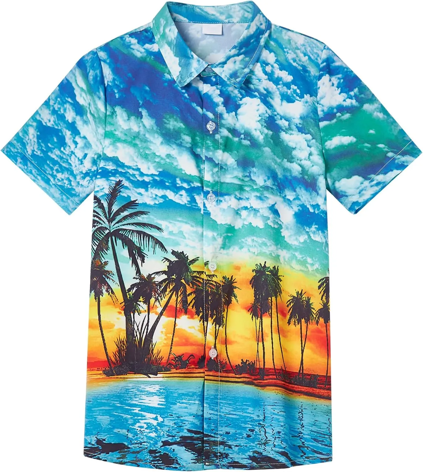 Little & Big Boy's Button Down Hawaiian Shirts Short Sleeve Cool Cartoon Print Dress Tops T-Shirt for Kids 7-14T