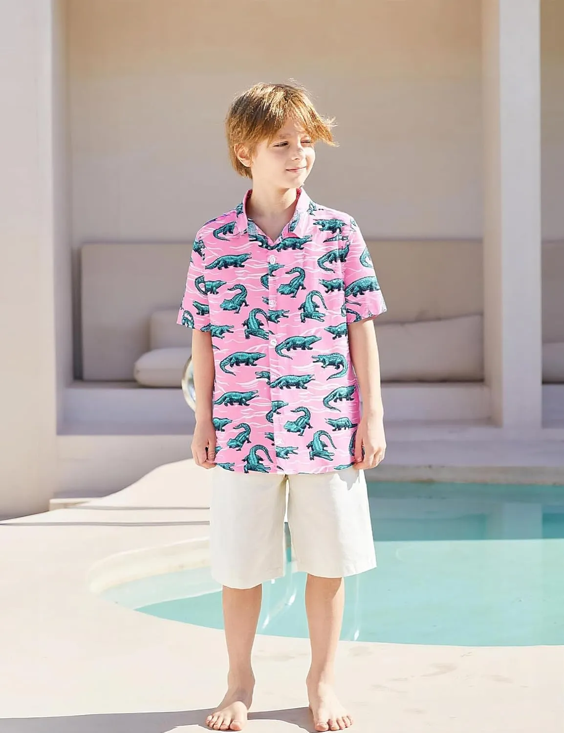Little & Big Boy's Button Down Hawaiian Shirts Short Sleeve Cool Cartoon Print Dress Tops T-Shirt for Kids 7-14T