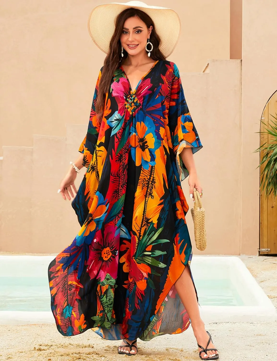 MAKABO Kaftan Dresses for Women, V Neck Moo Moos Colorful Print Cover Ups Caftan Beach Dresses for Swimwear