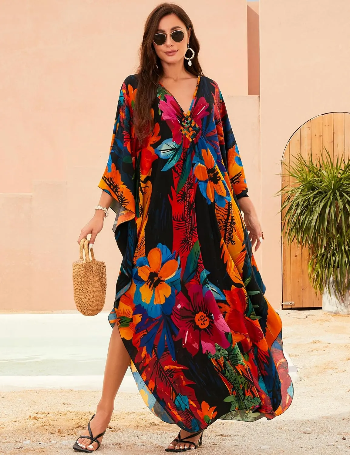 MAKABO Kaftan Dresses for Women, V Neck Moo Moos Colorful Print Cover Ups Caftan Beach Dresses for Swimwear
