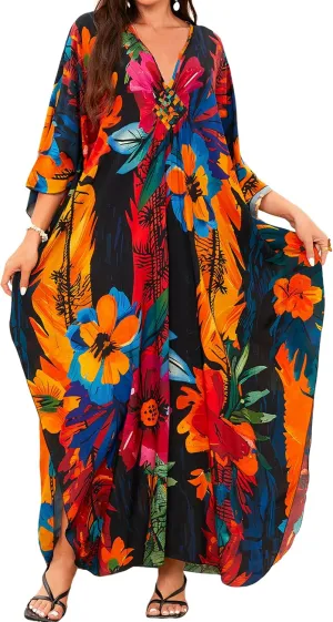 MAKABO Kaftan Dresses for Women, V Neck Moo Moos Colorful Print Cover Ups Caftan Beach Dresses for Swimwear