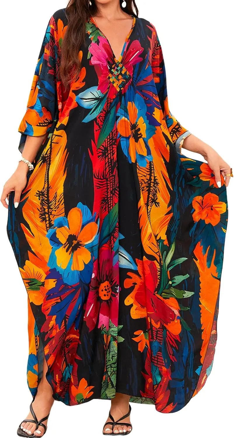 MAKABO Kaftan Dresses for Women, V Neck Moo Moos Colorful Print Cover Ups Caftan Beach Dresses for Swimwear