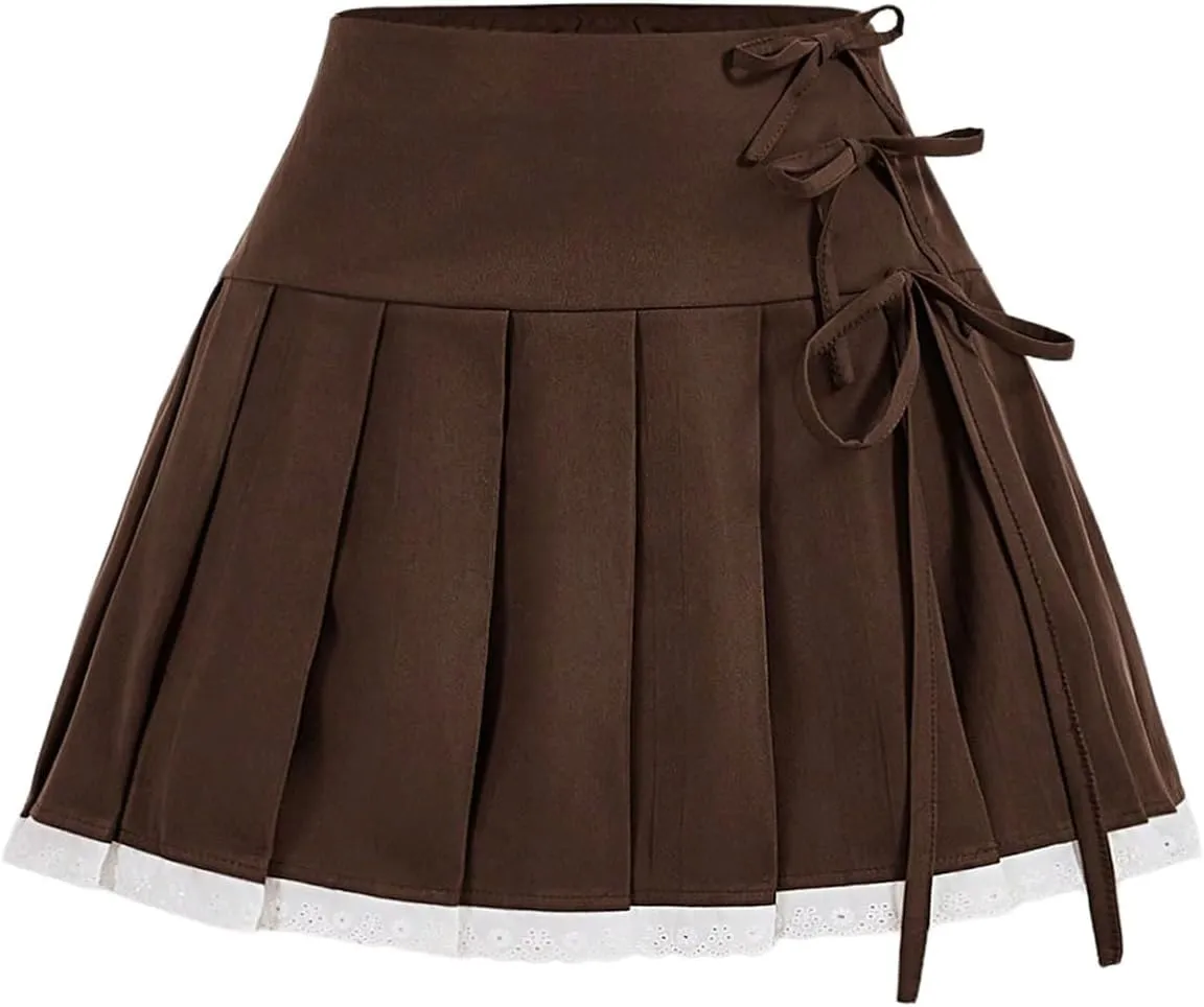 MakeMeChic Women's Bow High Waist Pleated A Line Mini Skirt Summer Skater Skirts