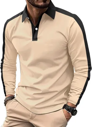Mens Long Sleeve Polo Shirts Casual Cotton Polo T Shirt with Pocket Classic Button Collared Golf Shirt