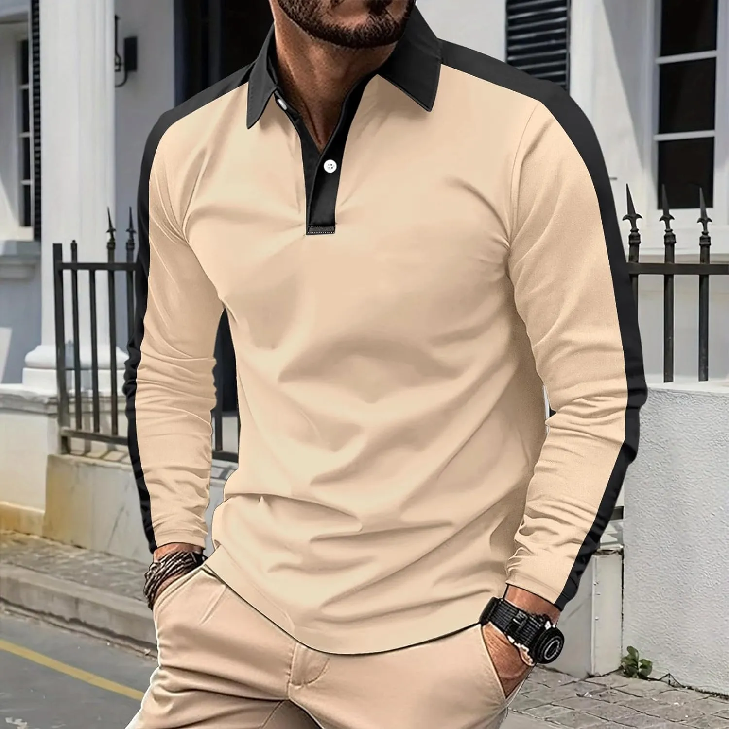 Mens Long Sleeve Polo Shirts Casual Cotton Polo T Shirt with Pocket Classic Button Collared Golf Shirt