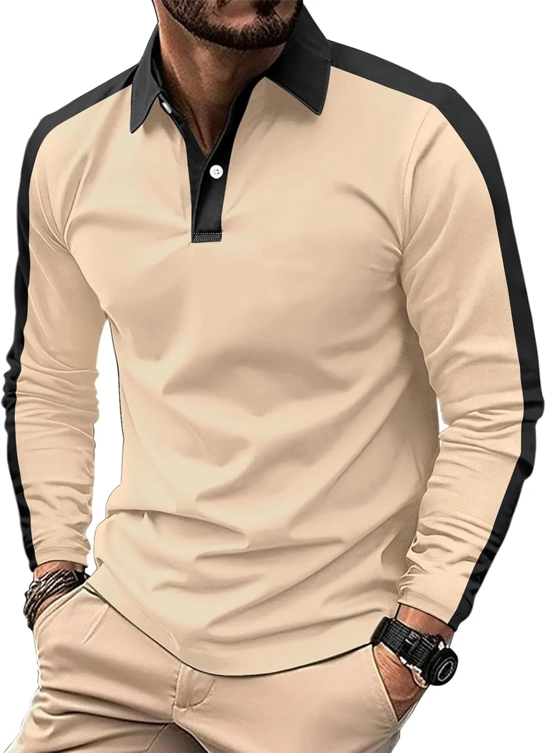 Mens Long Sleeve Polo Shirts Casual Cotton Polo T Shirt with Pocket Classic Button Collared Golf Shirt