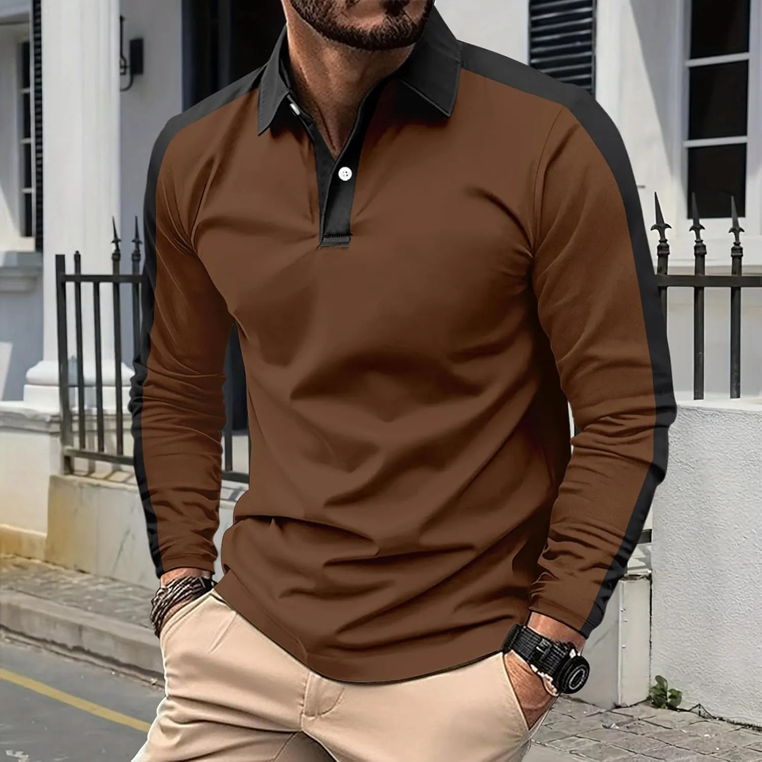 Mens Long Sleeve Polo Shirts Casual Cotton Polo T Shirt with Pocket Classic Button Collared Golf Shirt