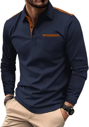 Mens Long Sleeve Polo Shirts Casual Cotton Polo T Shirt with Pocket Classic Button Collared Golf Shirt