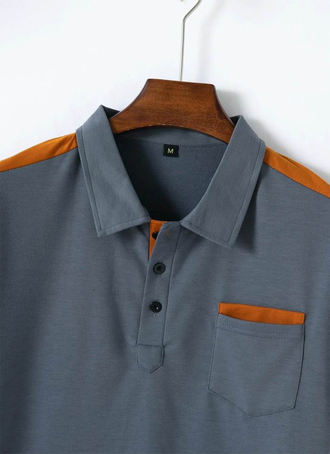 Mens Long Sleeve Polo Shirts Casual Cotton Polo T Shirt with Pocket Classic Button Collared Golf Shirt