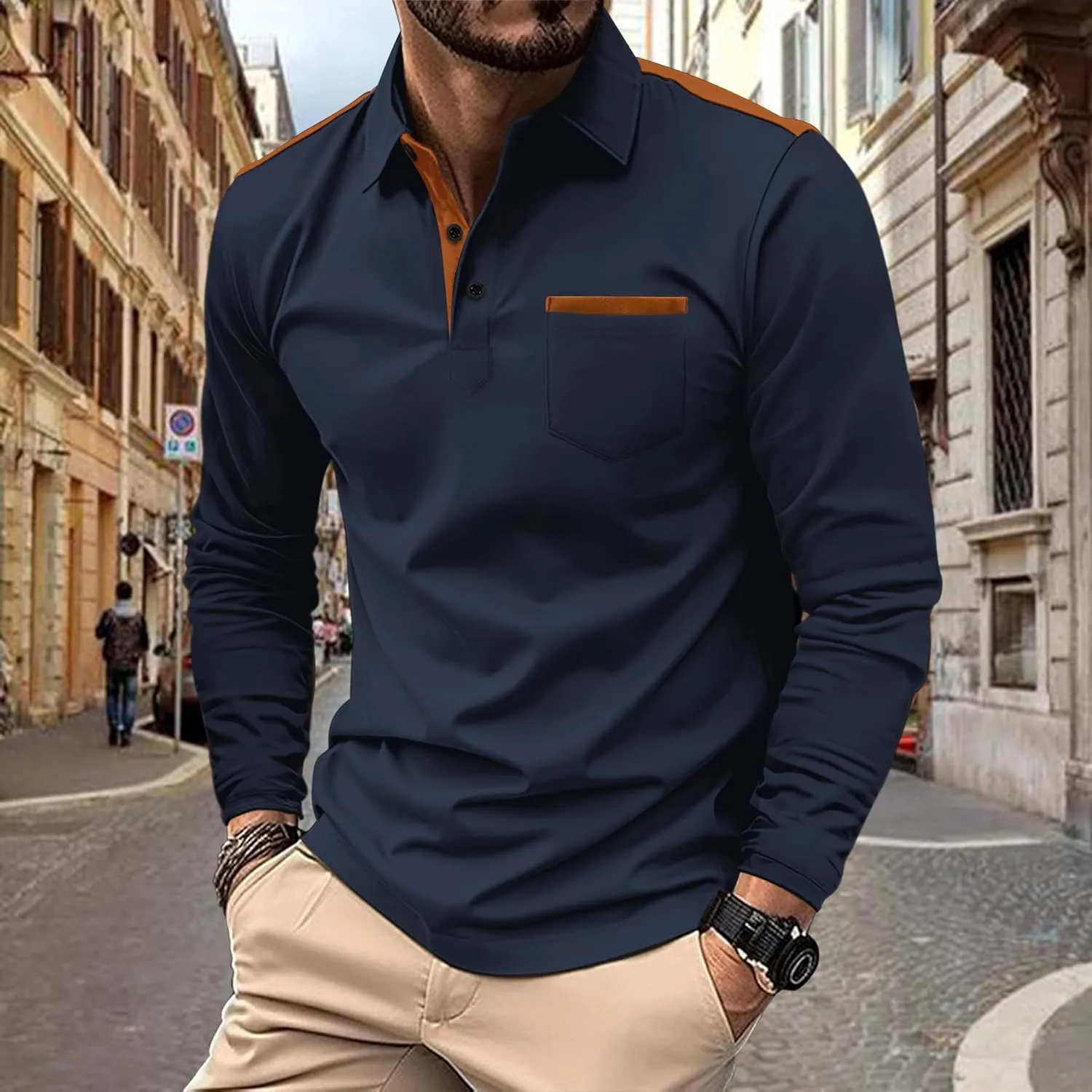 Mens Long Sleeve Polo Shirts Casual Cotton Polo T Shirt with Pocket Classic Button Collared Golf Shirt