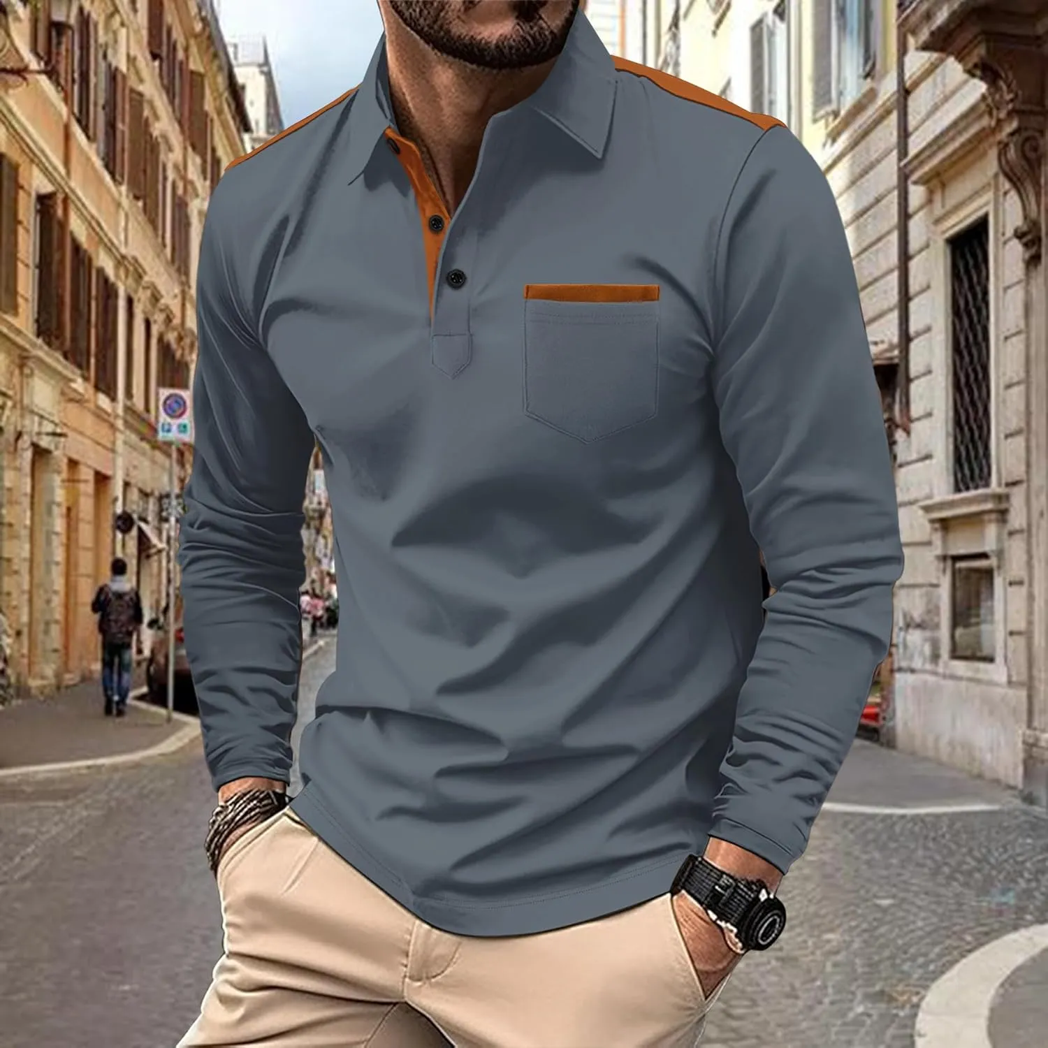 Mens Long Sleeve Polo Shirts Casual Cotton Polo T Shirt with Pocket Classic Button Collared Golf Shirt