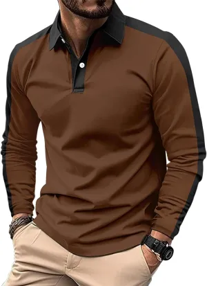 Mens Long Sleeve Polo Shirts Casual Cotton Polo T Shirt with Pocket Classic Button Collared Golf Shirt