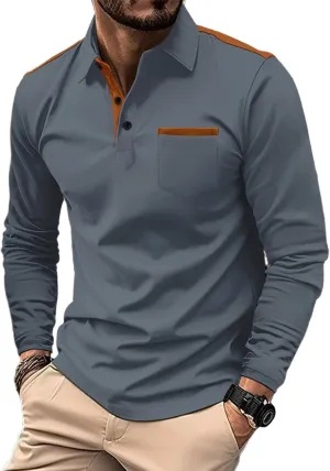 Mens Long Sleeve Polo Shirts Casual Cotton Polo T Shirt with Pocket Classic Button Collared Golf Shirt