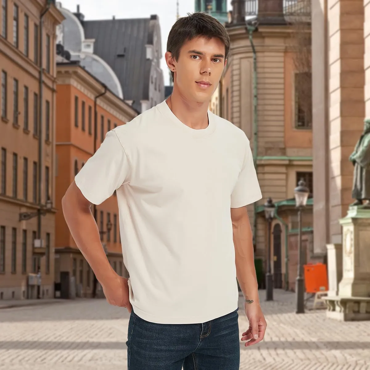 Mens Washed Vintage T-Shirt Summer Casual T Shirts Thick Short Sleeve Loose Crew Neck Cotton Tops