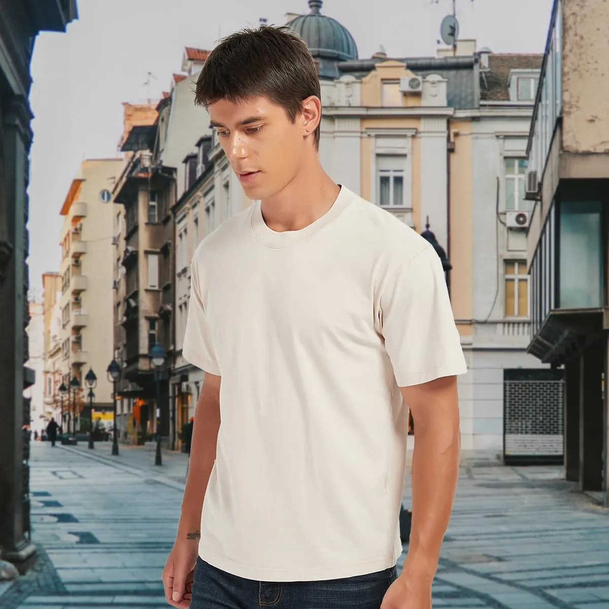 Mens Washed Vintage T-Shirt Summer Casual T Shirts Thick Short Sleeve Loose Crew Neck Cotton Tops