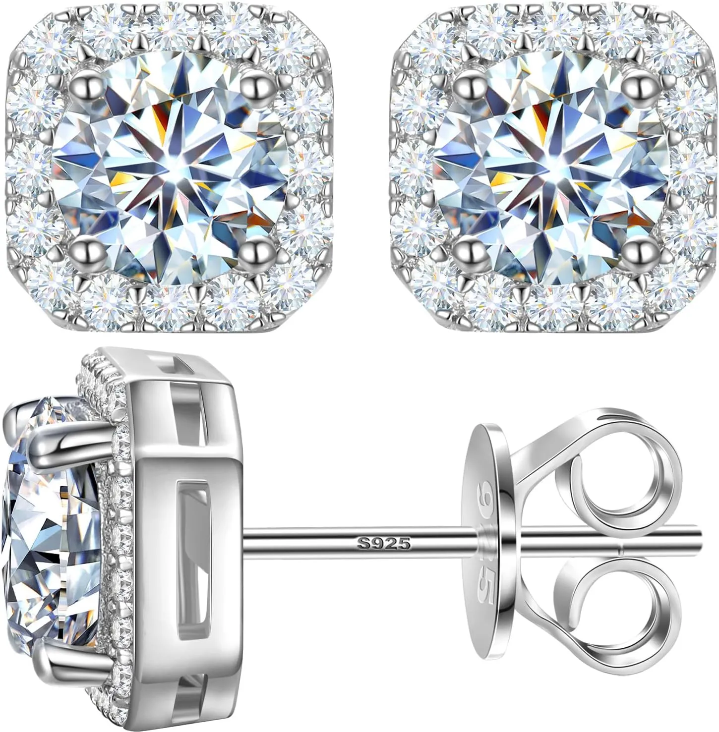 Moissanite Halo Earrings Square 18k Gold Plated 0.56-2.4CT 6-10mm D Color VVS1 Clarity Moissanite Stud Earrings For Women Men Square Stud Earrings 925 Sterling Silver Hypoallergenic Earrings