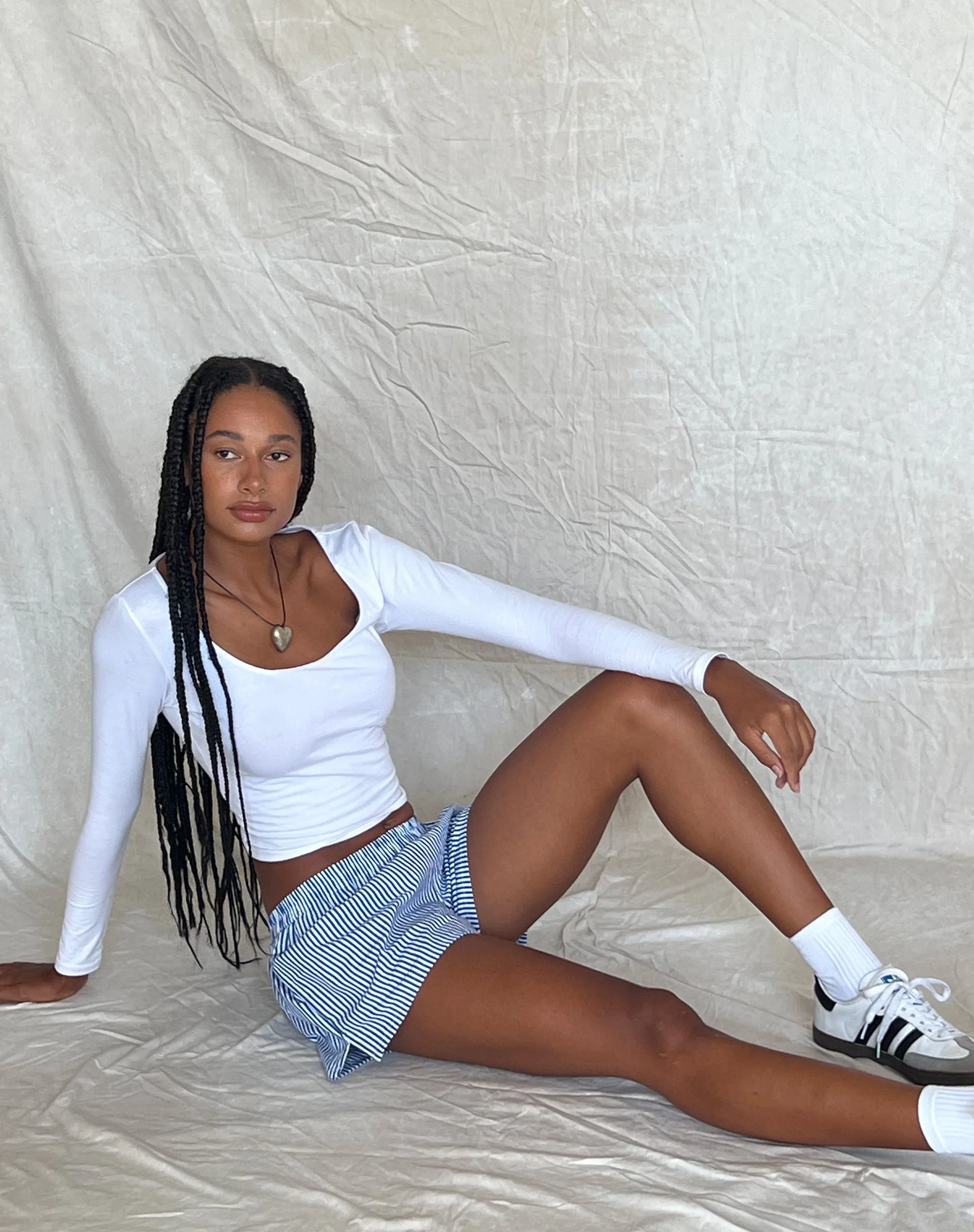 MOTEL X JACQUIE Laboxe Brief Shorts in Poplin Blue Pinstripe