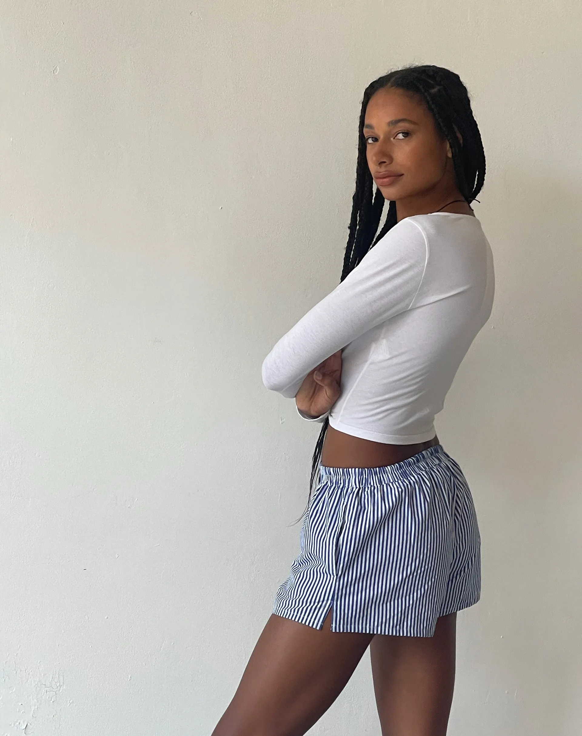 MOTEL X JACQUIE Laboxe Brief Shorts in Poplin Blue Pinstripe