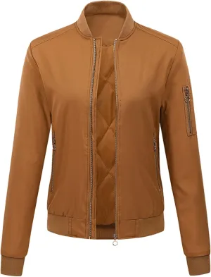 NATHGAM Women's Bomber Jackets Lightweight Casual Jacket Full Zip Windbreaker Jacket Solid Stand Collar Lady Slim Sportswear
