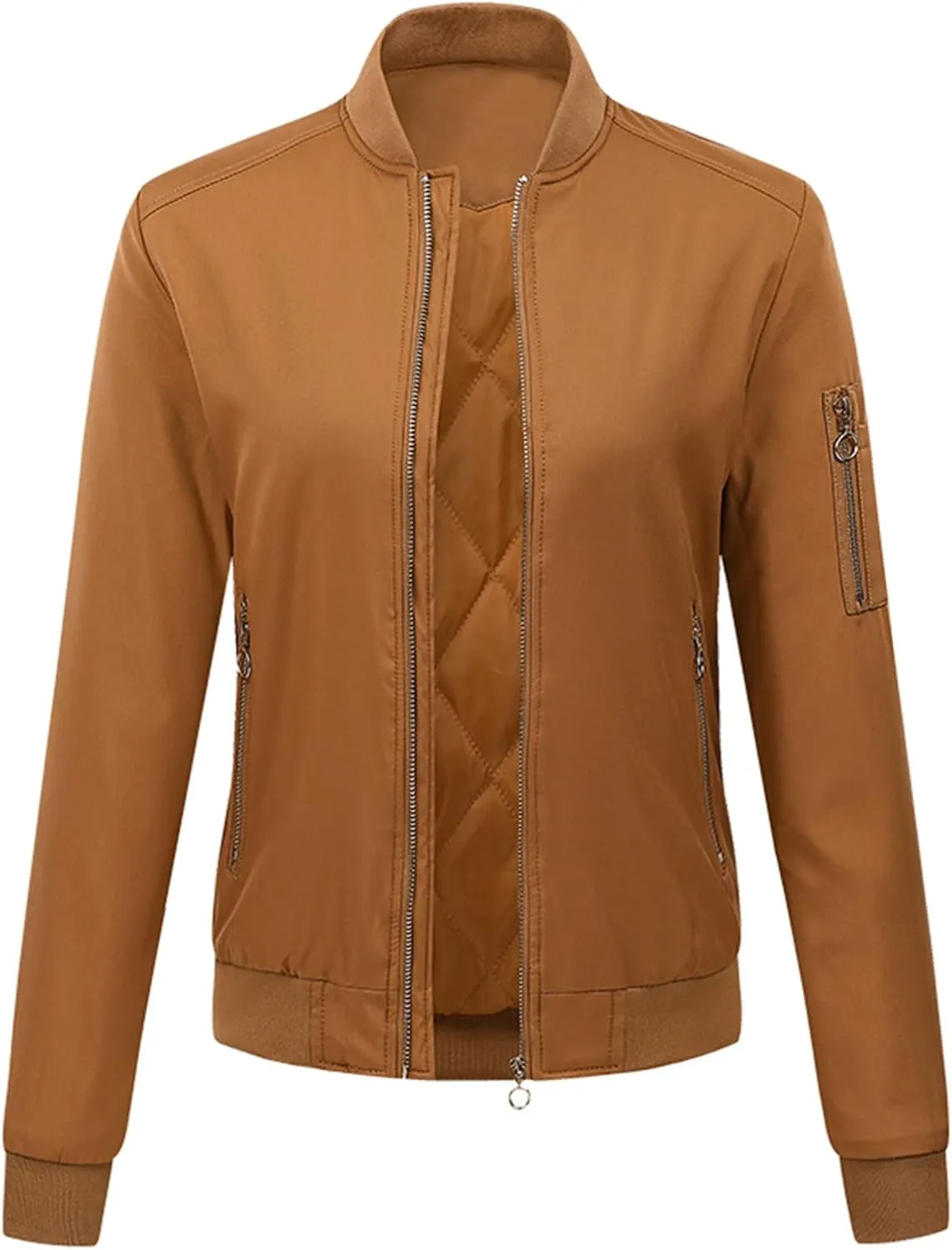 NATHGAM Women's Bomber Jackets Lightweight Casual Jacket Full Zip Windbreaker Jacket Solid Stand Collar Lady Slim Sportswear