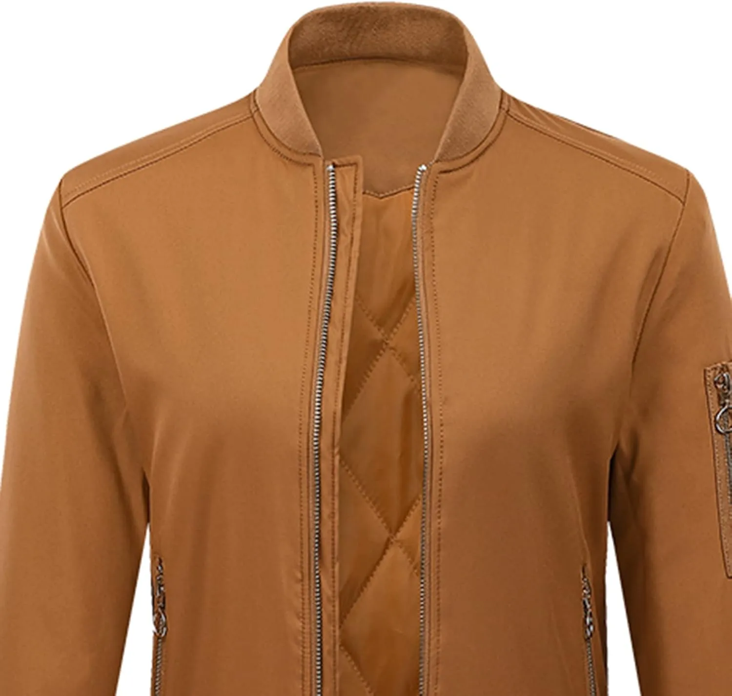 NATHGAM Women's Bomber Jackets Lightweight Casual Jacket Full Zip Windbreaker Jacket Solid Stand Collar Lady Slim Sportswear